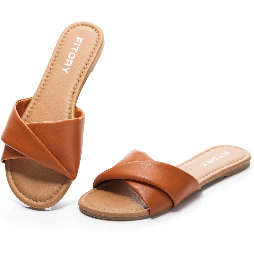 imageFITORY Womens Flat Sandals Fashion Slides With Soft Leather Slippers for Summer Size 611Brown