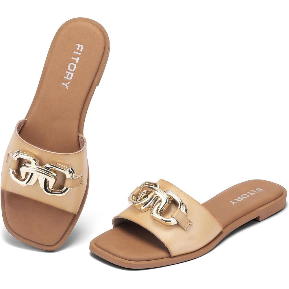imageFITORY Womens Flat Sandals Fashion Slides With Soft Leather Slippers for Summer Size 611Camel