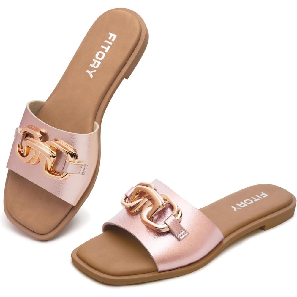 imageFITORY Womens Flat Sandals Fashion Slides With Soft Leather Slippers for Summer Size 611Rose Gold