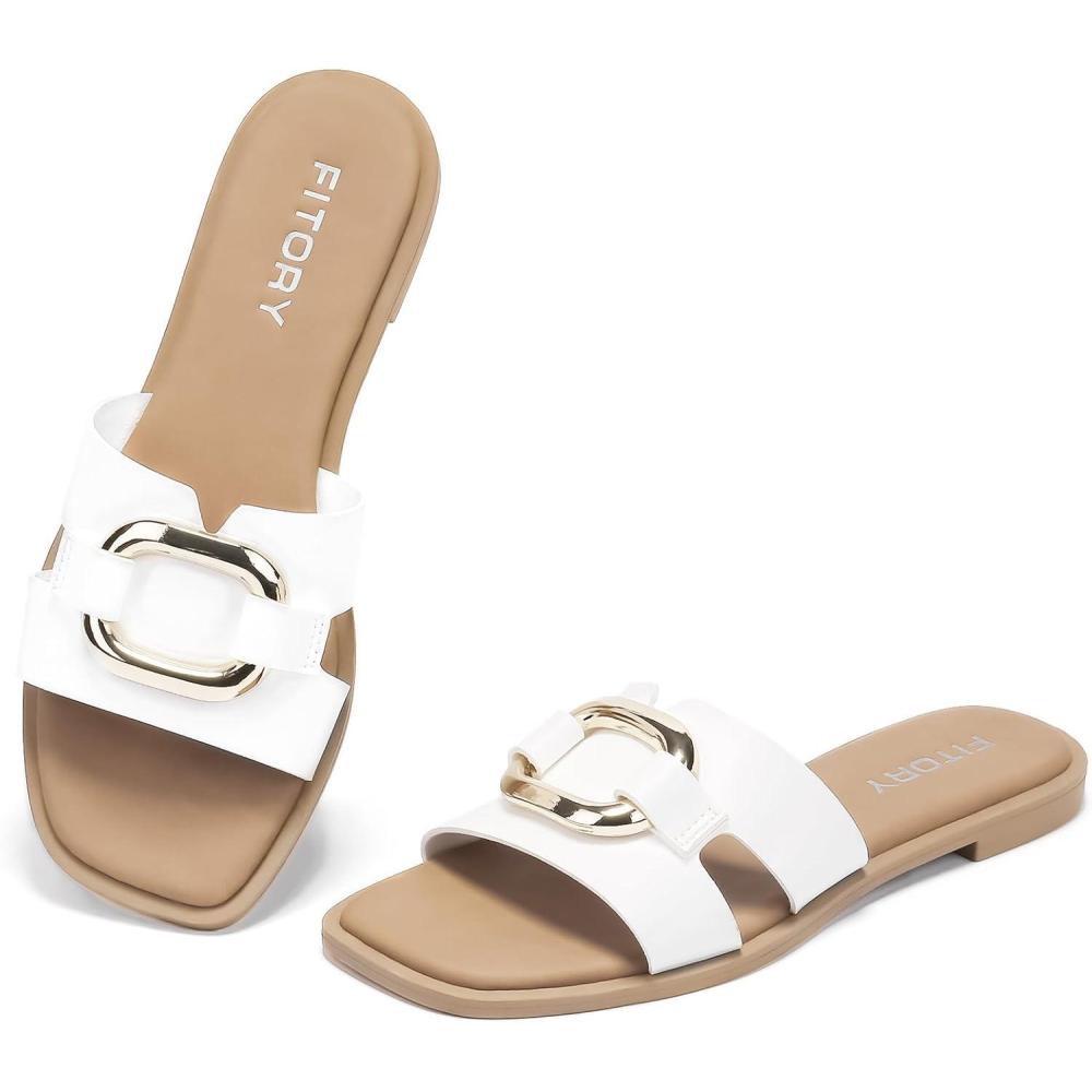 imageFITORY Womens Flat Sandals Fashion Square Open Toe Slides With Metal Chain Slippers for Summer Size 611White