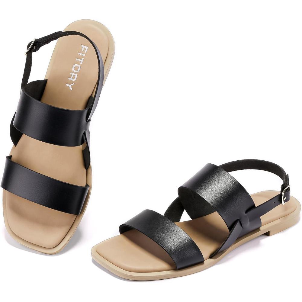 imageFITORY Womens Flat Sandals Fashionable Square Open Toe Adjustable Buckle Slippers Summer Size 611Black