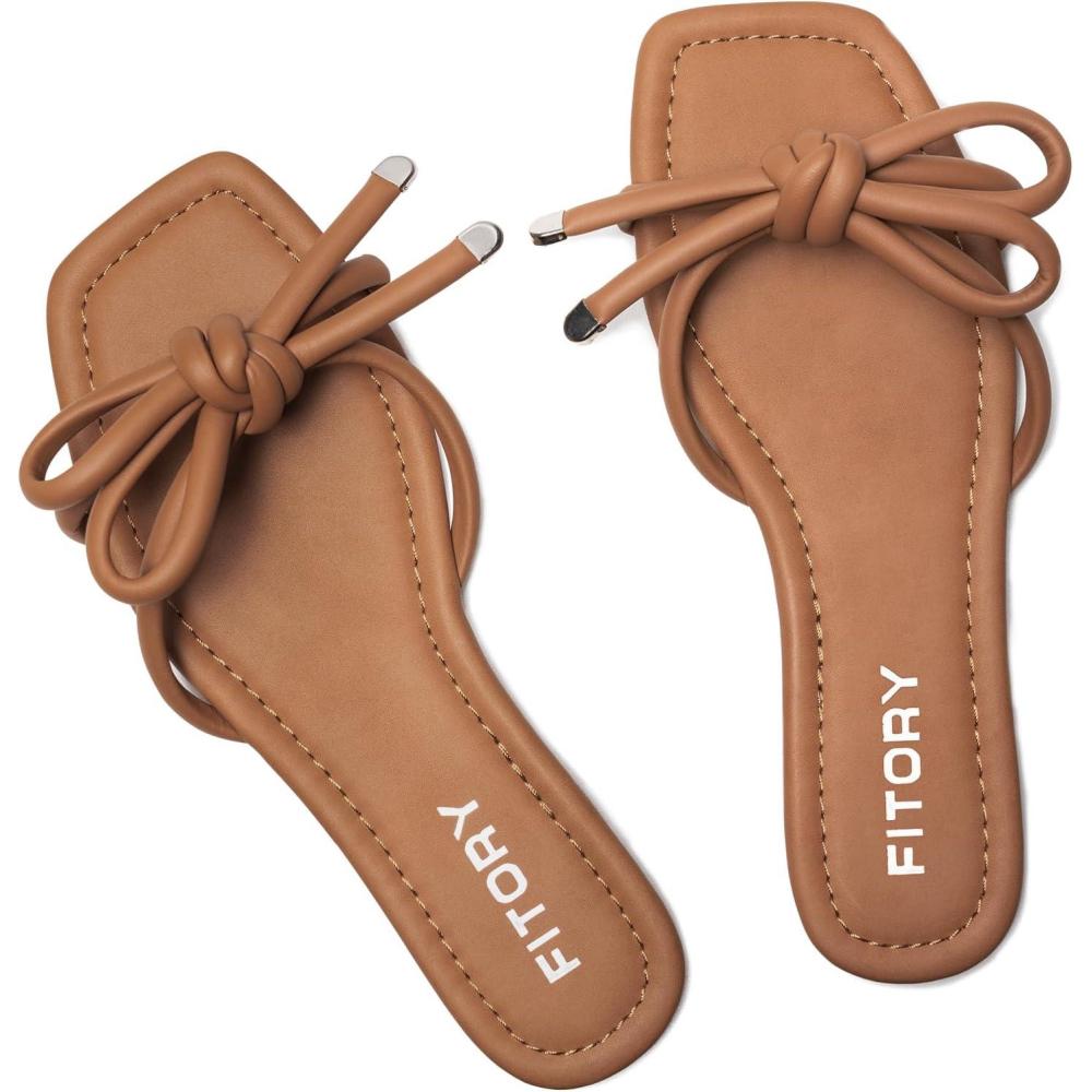 imageFITORY Womens Flat Sandals Square Open Toe Thong with Cute Knot for Summer Size 611All Brown