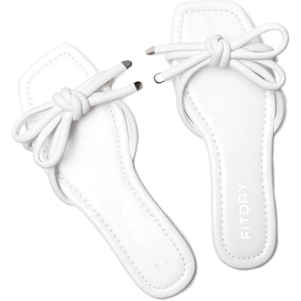 imageFITORY Womens Flat Sandals Square Open Toe Thong with Cute Knot for Summer Size 611All White