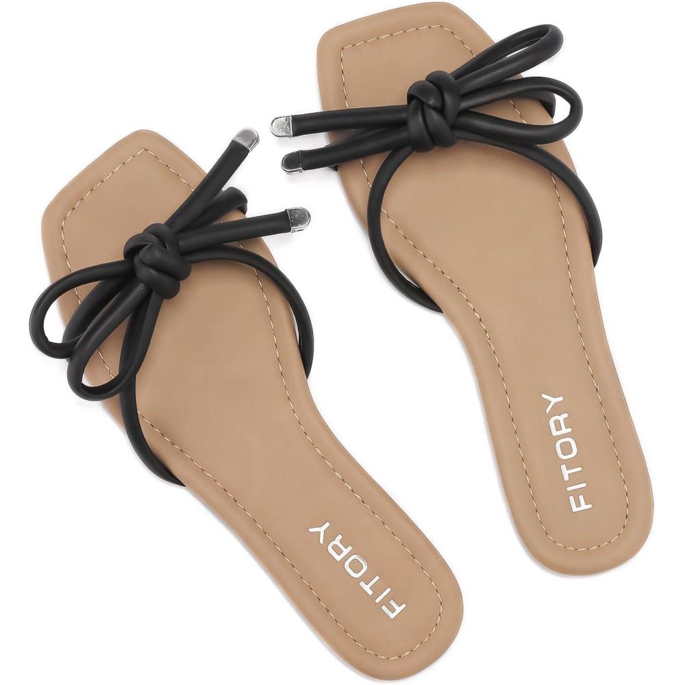 imageFITORY Womens Flat Sandals Square Open Toe Thong with Cute Knot for Summer Size 611Black