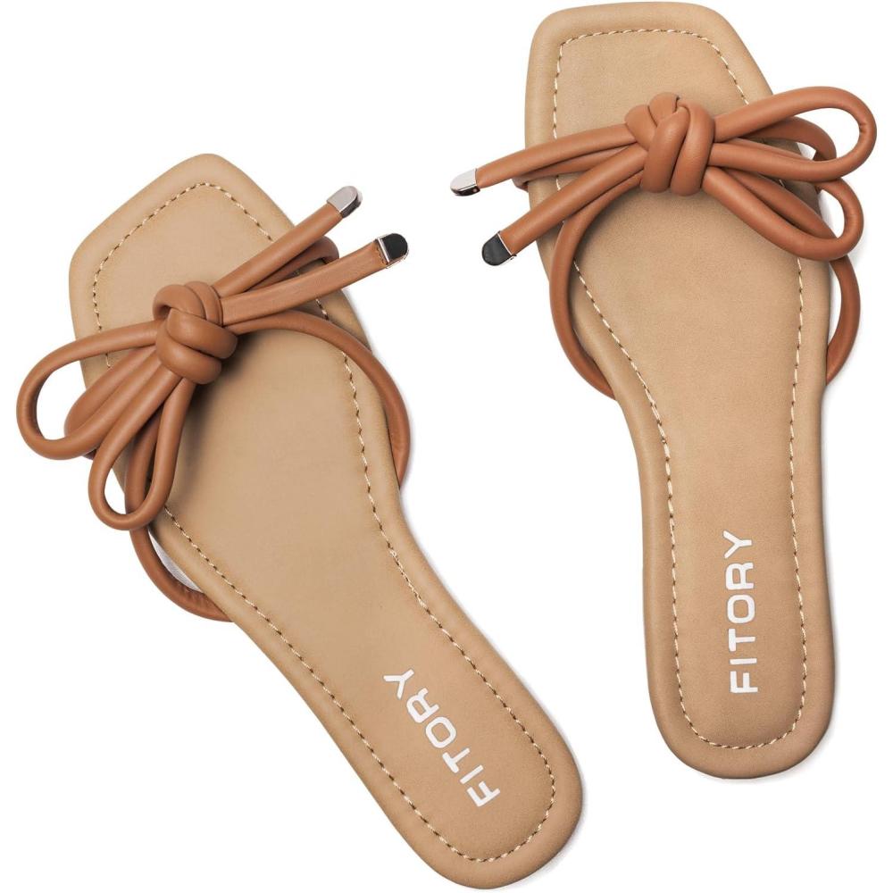 imageFITORY Womens Flat Sandals Square Open Toe Thong with Cute Knot for Summer Size 611Brown