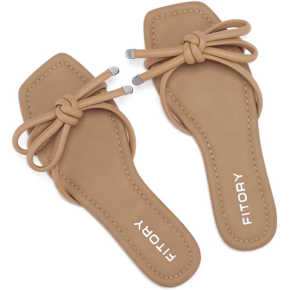 imageFITORY Womens Flat Sandals Square Open Toe Thong with Cute Knot for Summer Size 611Camel