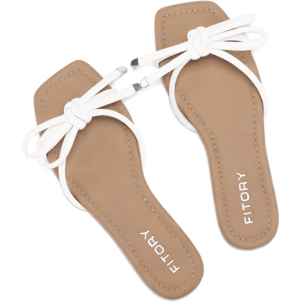 imageFITORY Womens Flat Sandals Square Open Toe Thong with Cute Knot for Summer Size 611White