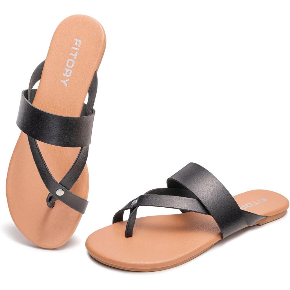 imageFITORY Womens Flat Sandals With Casual Fashion Slides and Flip Flops Split Toes Style for Lady Summer Size 611Roundblack