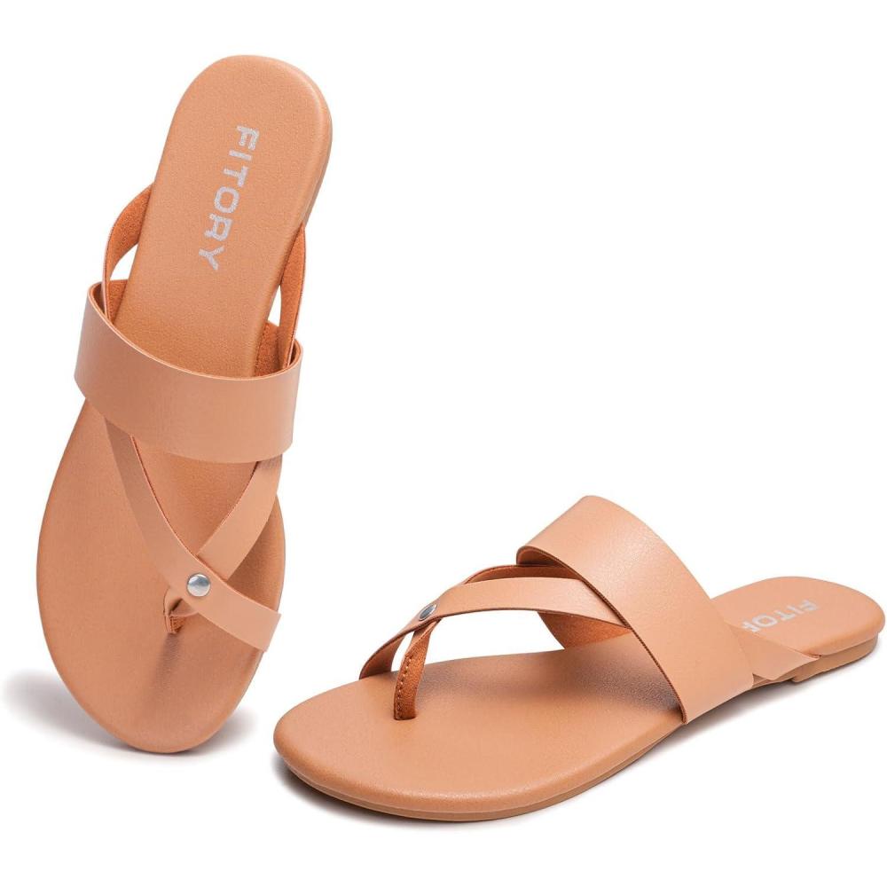 imageFITORY Womens Flat Sandals With Casual Fashion Slides and Flip Flops Split Toes Style for Lady Summer Size 611Roundcamel