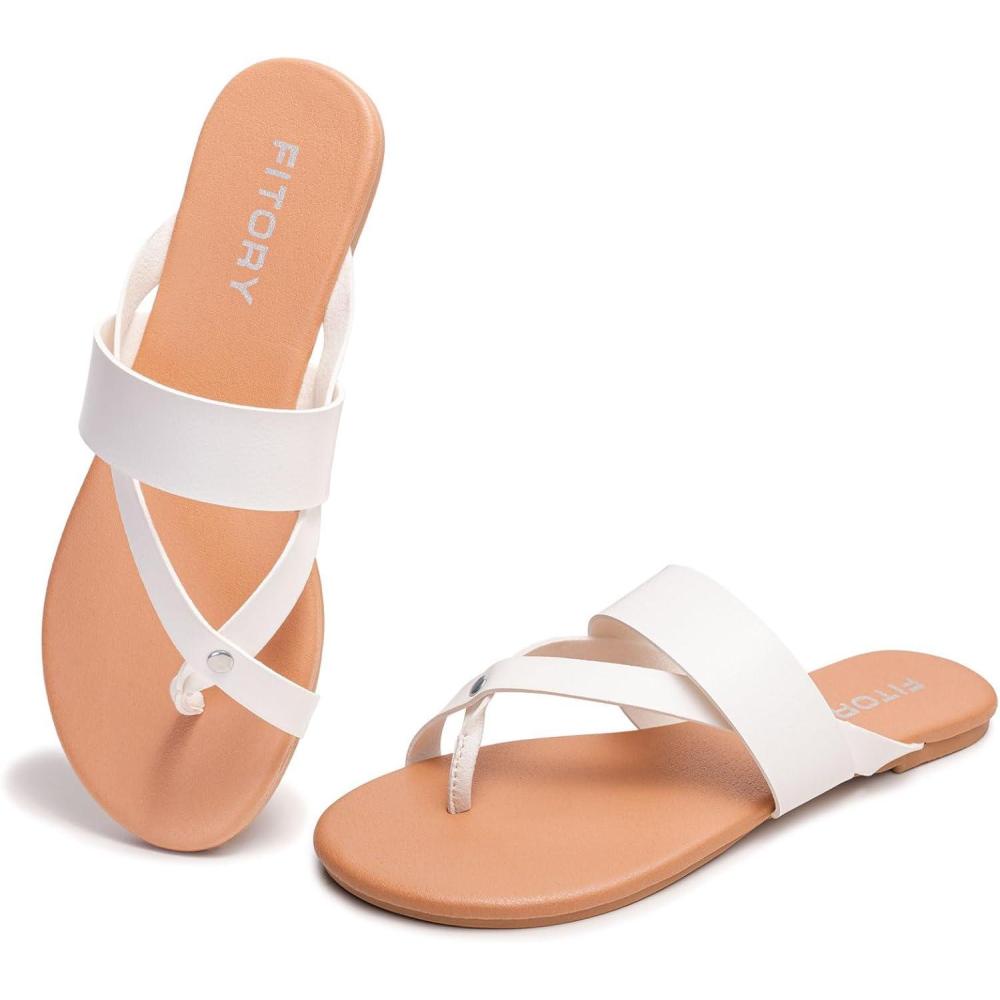imageFITORY Womens Flat Sandals With Casual Fashion Slides and Flip Flops Split Toes Style for Lady Summer Size 611Roundwhite