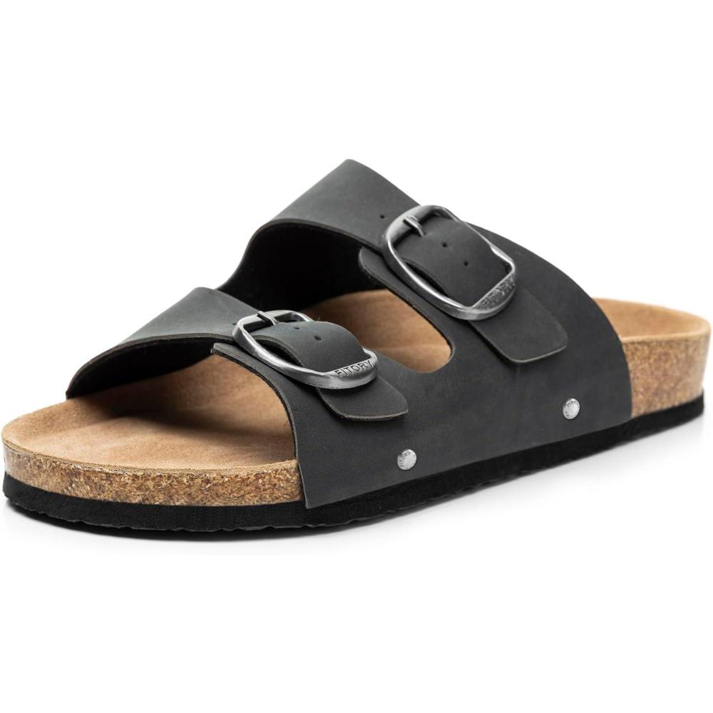 imageFITORY Womens Flat Sandals with Cork Footbed Open Toe Slides Adjustable Slip On Slippers for Summer Size 611Black