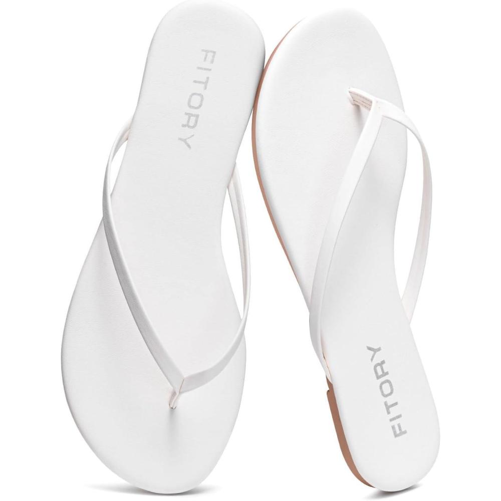 imageFITORY Womens Flip Flops Fashion Casual Thong Walking Slide with Vegan Leather Comfortable Summer Beach Flat Sandals for 2025 Indoor and Outdoor Size 611White