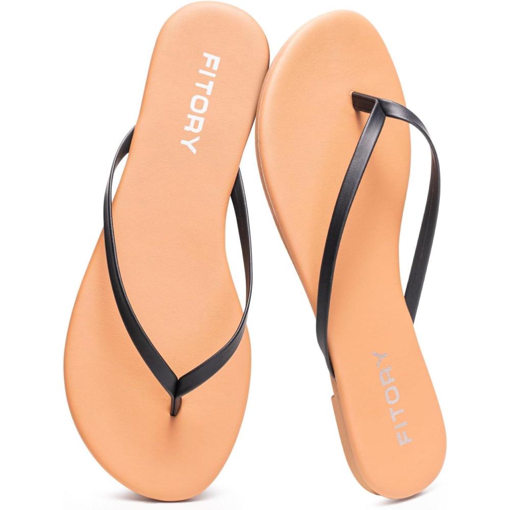 imageFITORY Womens Flip Flops Fashion Casual Thong Walking Slide with Vegan Leather Comfortable Summer Beach Flat Sandals for 2025 Indoor and Outdoor Size 611Black Brown