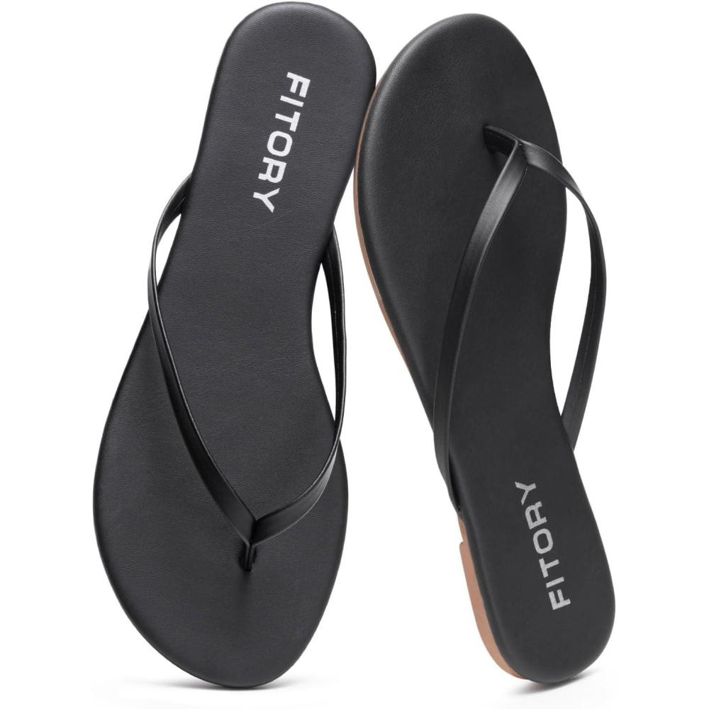 imageFITORY Womens Flip Flops Fashion Casual Thong Walking Slide with Vegan Leather Comfortable Summer Beach Flat Sandals for 2025 Indoor and Outdoor Size 611Black