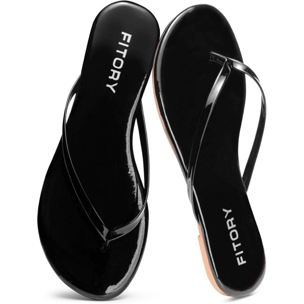imageFITORY Womens Flip Flops Fashion Casual Thong Walking Slide with Vegan Leather Comfortable Summer Beach Flat Sandals for 2025 Indoor and Outdoor Size 611Black Patent