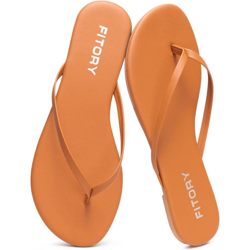 imageFITORY Womens Flip Flops Fashion Casual Thong Walking Slide with Vegan Leather Comfortable Summer Beach Flat Sandals for 2025 Indoor and Outdoor Size 611Brown