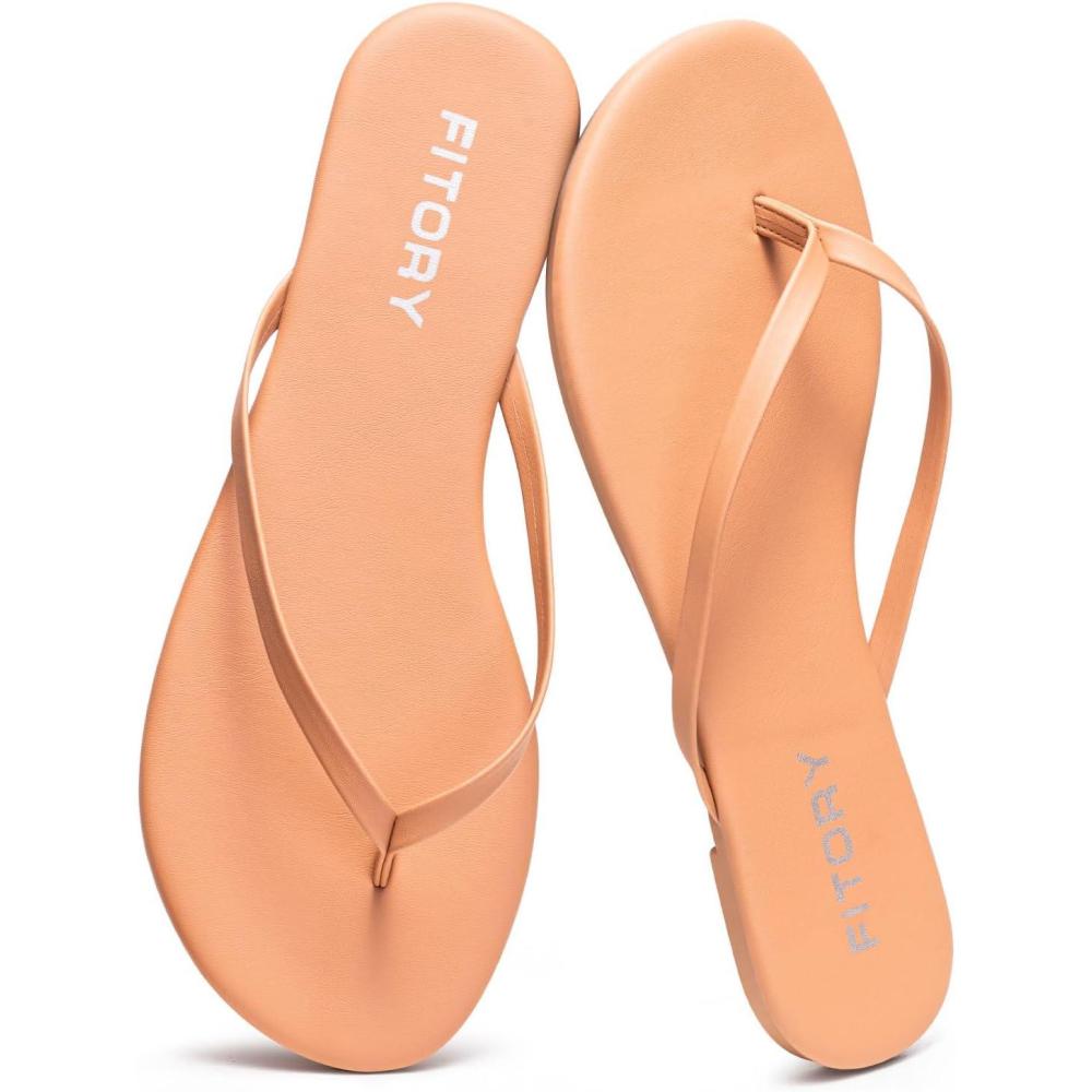 imageFITORY Womens Flip Flops Fashion Casual Thong Walking Slide with Vegan Leather Comfortable Summer Beach Flat Sandals for 2025 Indoor and Outdoor Size 611Nude