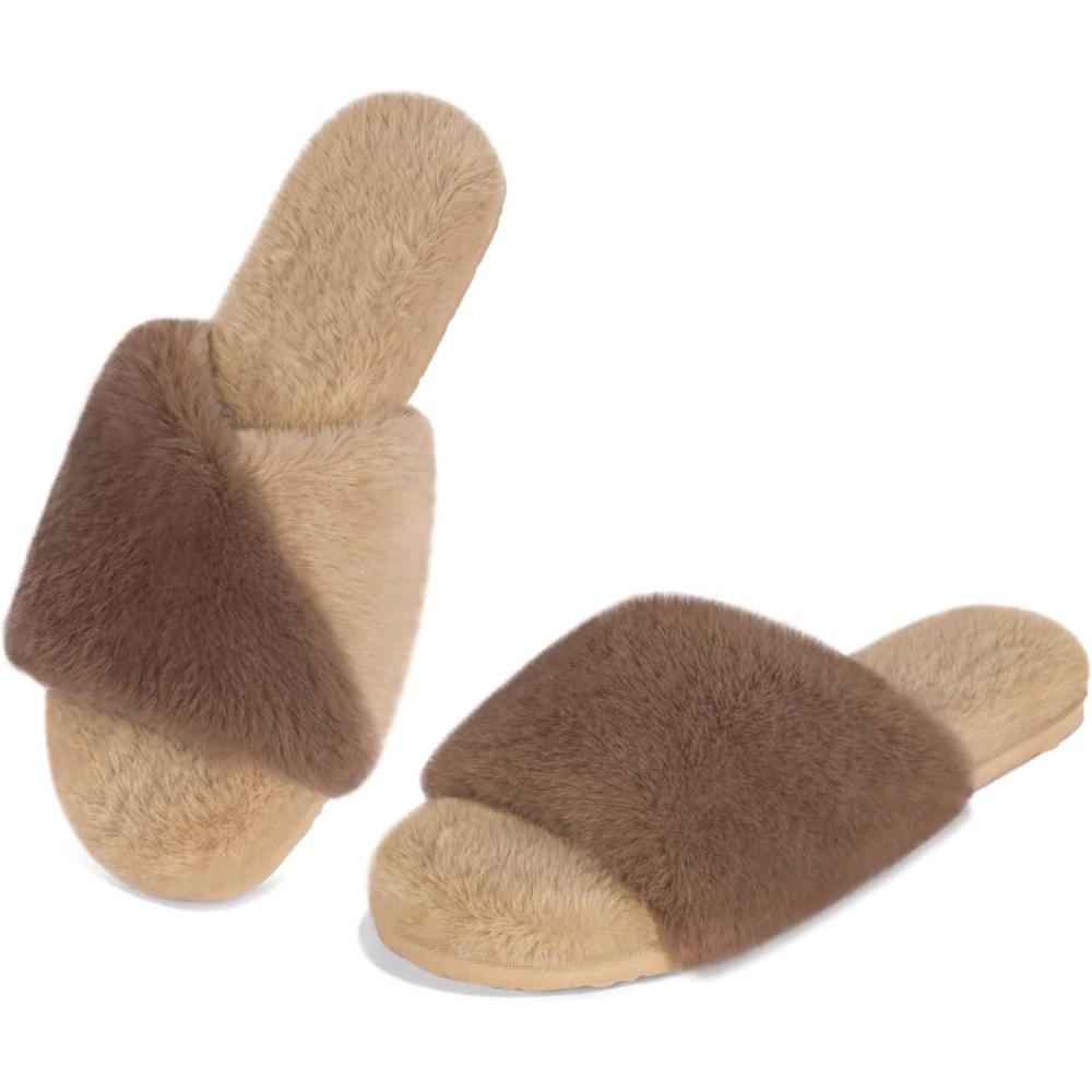 imageFITORY Womens Memory Foam Slippers Cross Band Fuzzy House Shoes with Stylish and Comfy Open Toe for Indoor Outdoor Size 611Browncamel
