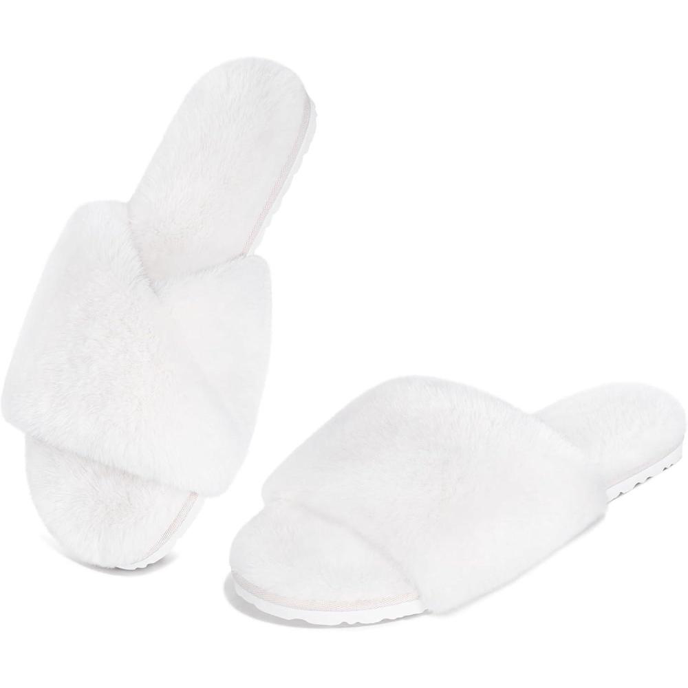 imageFITORY Womens Memory Foam Slippers Cross Band Fuzzy House Shoes with Stylish and Comfy Open Toe for Indoor Outdoor Size 611White