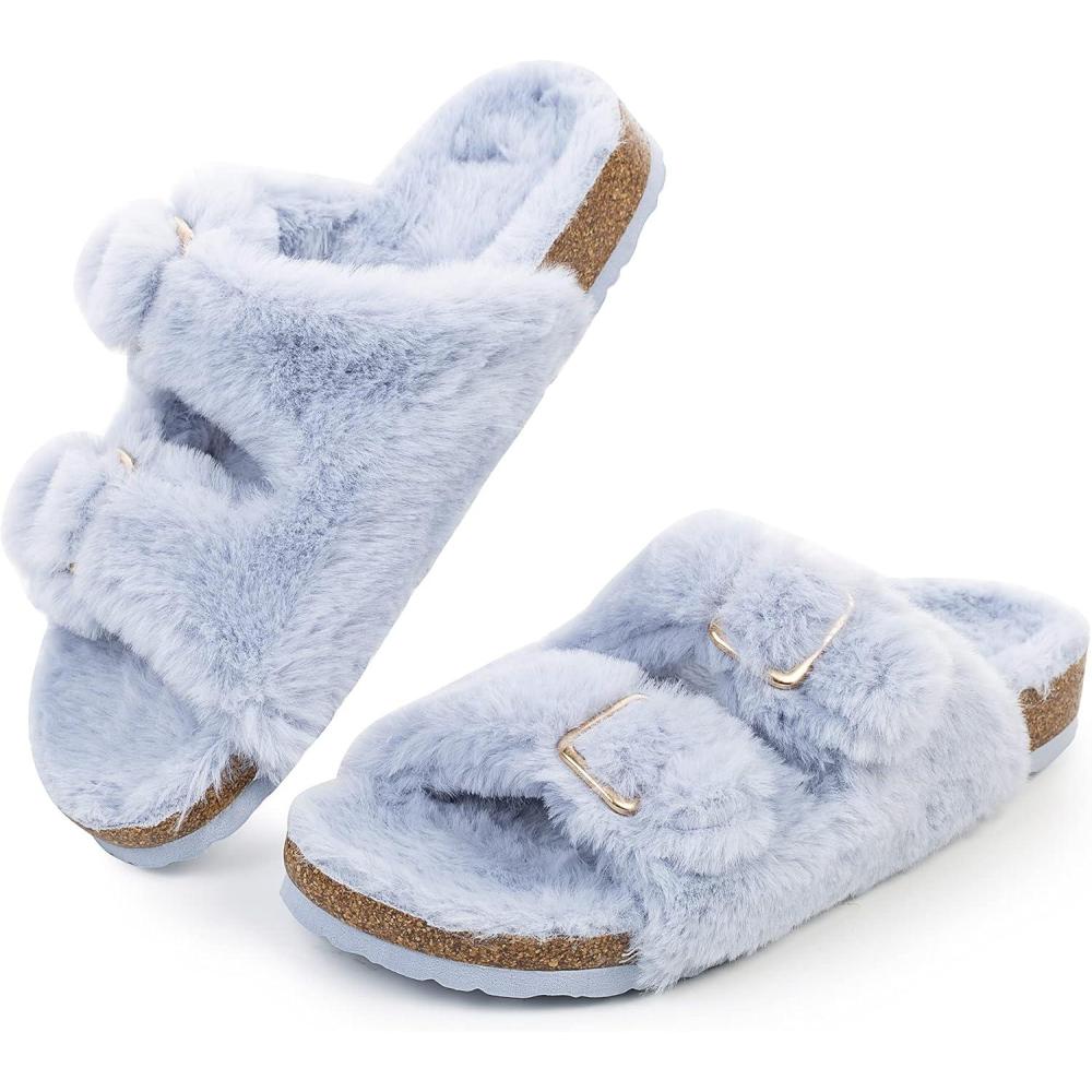 imageFITORY Womens Open Toe Slipper with Cozy LiningFaux Rabbit Fur Cork Slide Sandals Size 611Blue