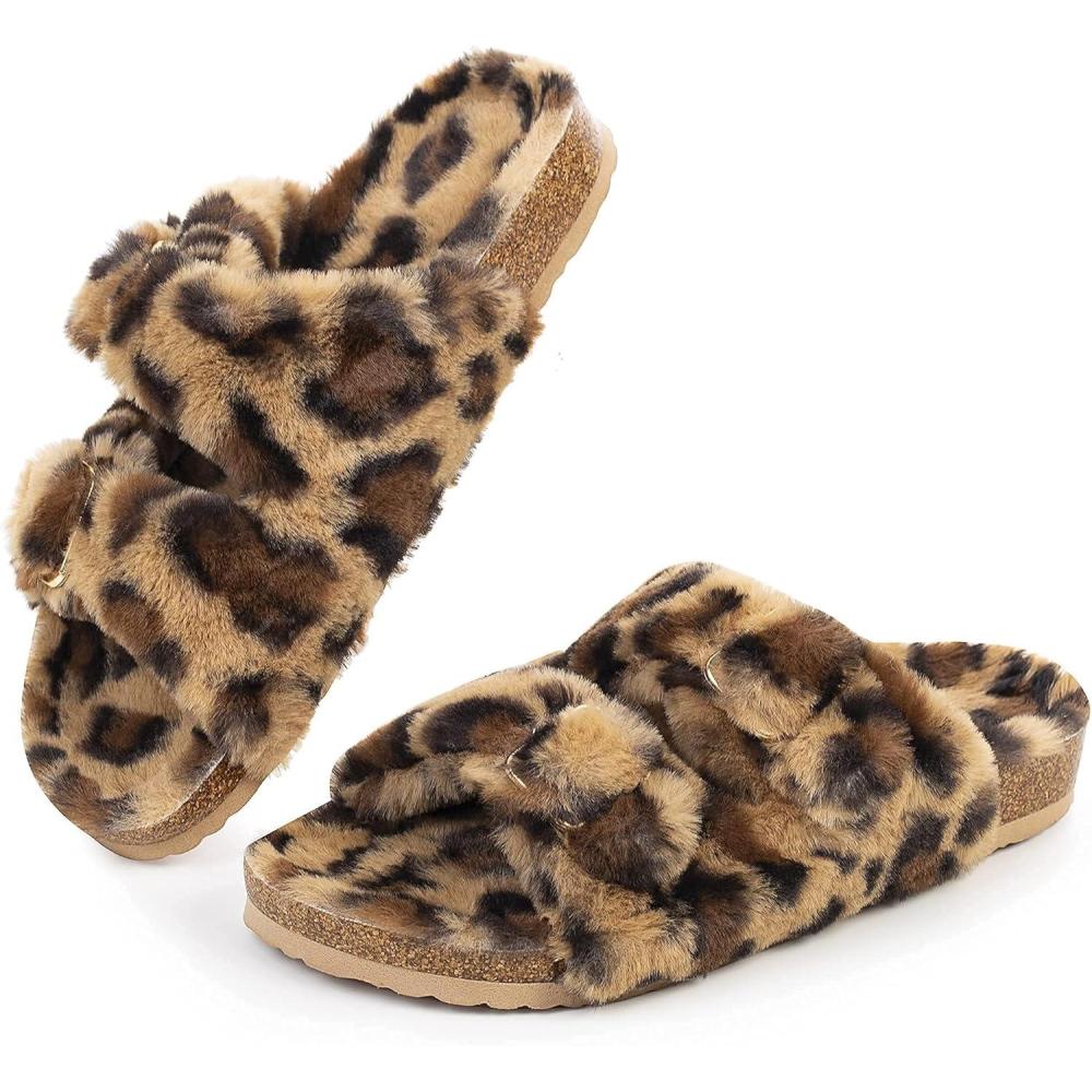 imageFITORY Womens Open Toe Slipper with Cozy LiningFaux Rabbit Fur Cork Slide Sandals Size 611Leopard