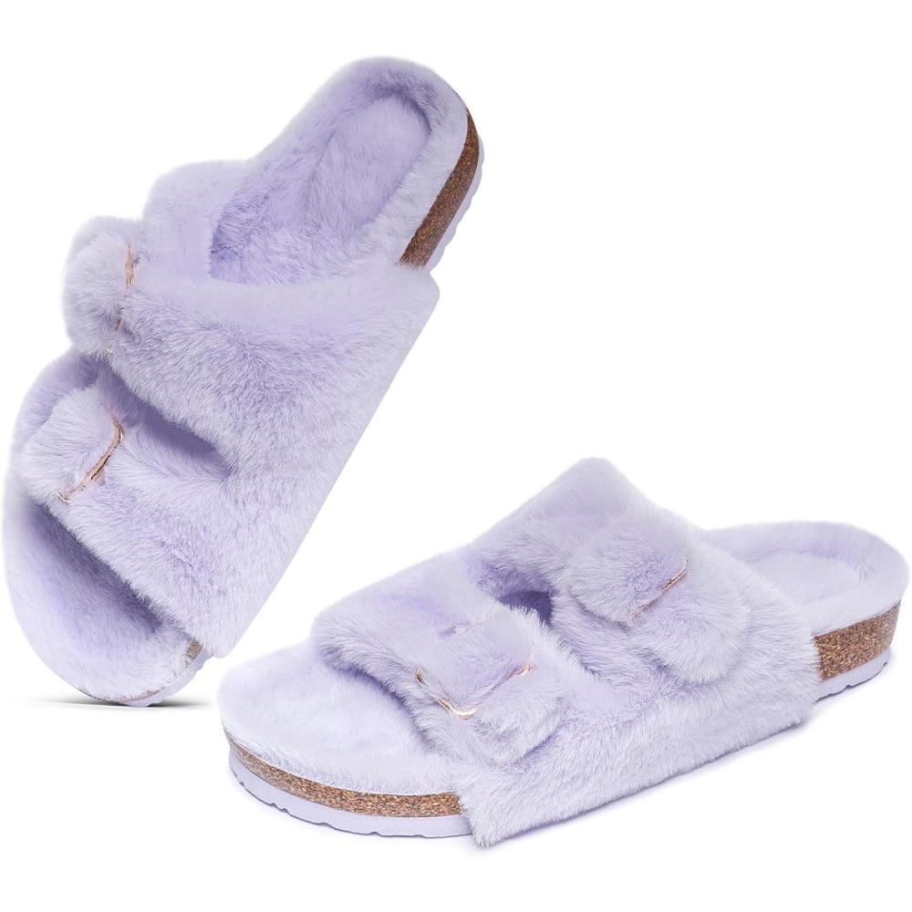 imageFITORY Womens Open Toe Slipper with Cozy LiningFaux Rabbit Fur Cork Slide Sandals Size 611Purple