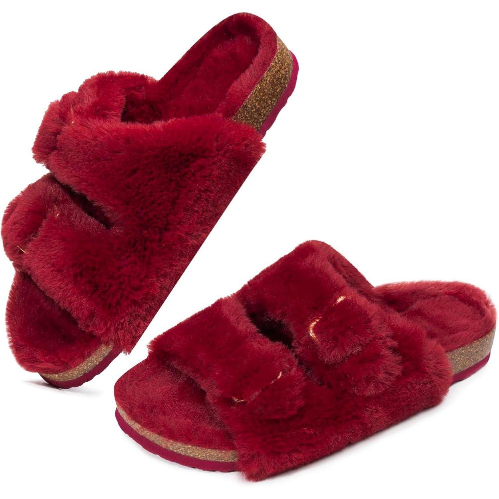 imageFITORY Womens Open Toe Slipper with Cozy LiningFaux Rabbit Fur Cork Slide Sandals Size 611Wine Red