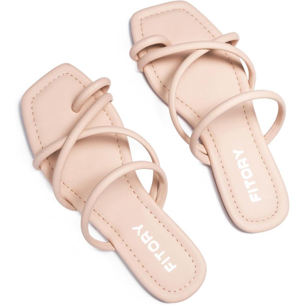 imageFITORY Womens Slide Sandals Flat Toe Ring Thongs with Cross Strap for Summer SizeAll Nude