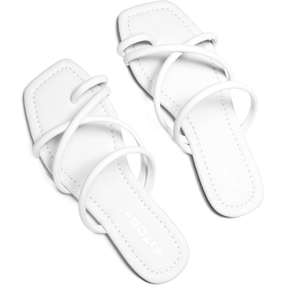 imageFITORY Womens Slide Sandals Flat Toe Ring Thongs with Cross Strap for Summer SizeAll White