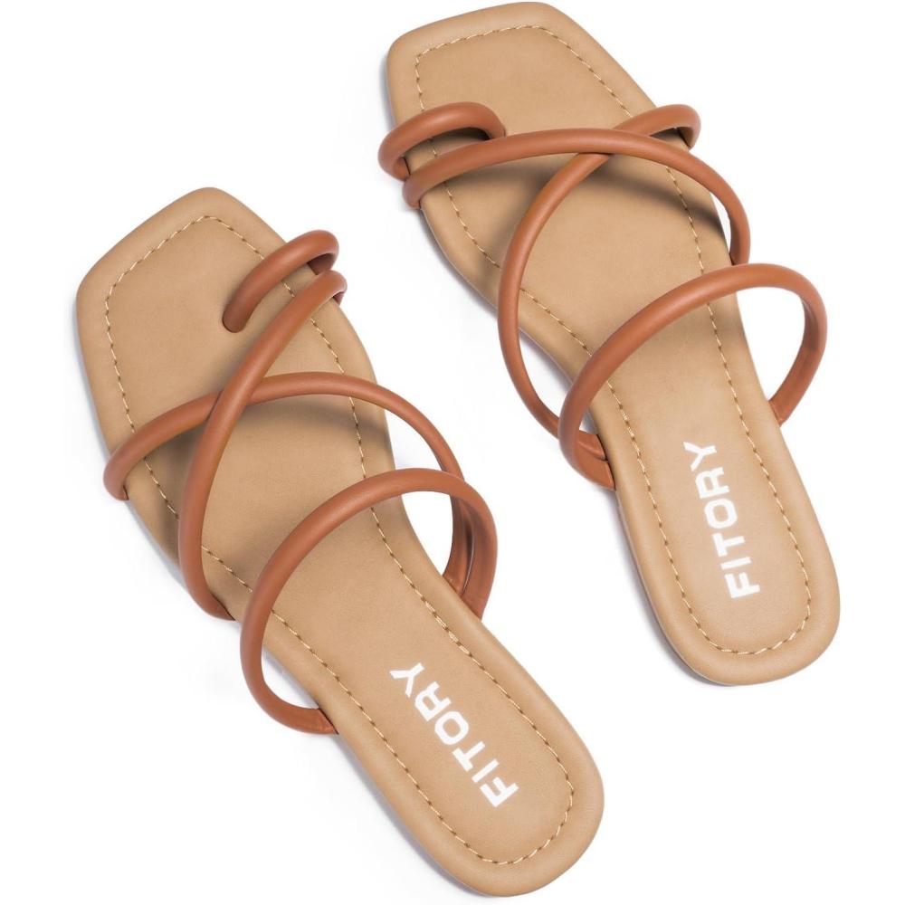 imageFITORY Womens Slide Sandals Flat Toe Ring Thongs with Cross Strap for Summer SizeBrown