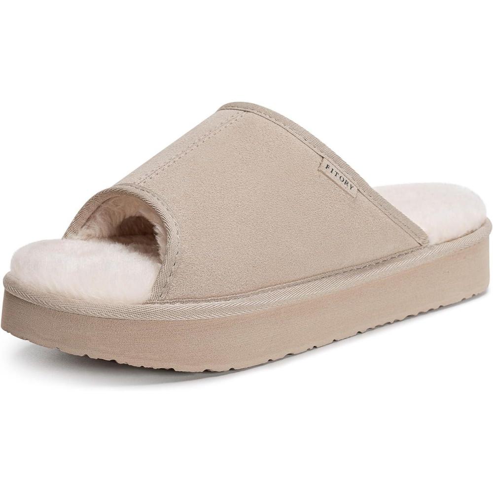imageFITORY Womens Suede Slippers with Fuzzy Lined Open Toe  NonSlip IndoorOutdoor House Shoes for WinterBeige