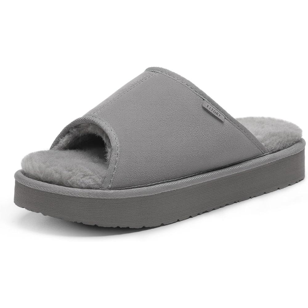 imageFITORY Womens Suede Slippers with Fuzzy Lined Open Toe  NonSlip IndoorOutdoor House Shoes for WinterDark Gray