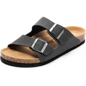 FITORY Mens Leather Insole Sandals with Two Buckles,Open Toe Slides for Indoor and Outdoor Size 7-14.5(Black)