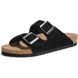 FITORY Mens Leather Sandals with Arch Support, Open Toe Slides Adjustable Buckles for Summer Size 7-13(Black)