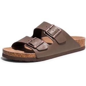 FITORY Mens Leather Sandals with Arch Support, Open Toe Slides Adjustable Buckles for Summer Size 7-13(Brown)