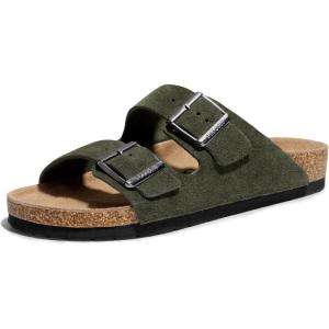 FITORY Mens Leather Sandals with Arch Support, Open Toe Slides Adjustable Buckles for Summer Size 7-13(Green)