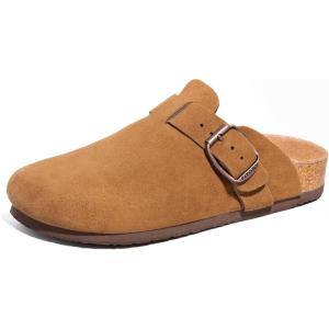 FITORY Mens Suede Clogs with Arch Support，Leather Cork Footed Mules Size 7-14(Brown)
