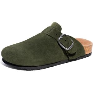 FITORY Mens Suede Clogs with Arch Support，Leather Cork Footed Mules Size 7-14(Green)
