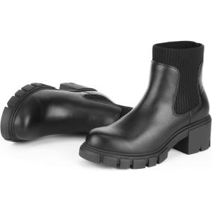 FITORY Womens Chelsea Boots, Elastic Ankle Booties with Chunky Mid Heel and Lug Sole, Comfy Trendy Slip on Shoes for Fall and Winter Size 6-11(Black)
