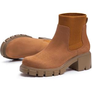 FITORY Womens Chelsea Boots, Elastic Ankle Booties with Chunky Mid Heel and Lug Sole, Comfy Trendy Slip on Shoes for Fall and Winter Size 6-11(Brown)
