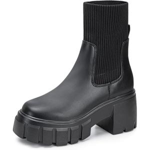FITORY Womens Chelsea Boots, Elastic Ankle Booties with Chunky Mid Heel and Lug Sole, Comfy Trendy Slip on Shoes for Fall and Winter Size 6-11(Heightening-black)