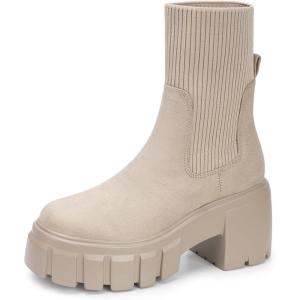 FITORY Womens Chelsea Boots, Elastic Ankle Booties with Chunky Mid Heel and Lug Sole, Comfy Trendy Slip on Shoes for Fall and Winter Size 6-11(Heightening-tan)