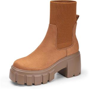FITORY Womens Chelsea Boots, Elastic Ankle Booties with Chunky Mid Heel and Lug Sole, Comfy Trendy Slip on Shoes for Fall and Winter Size 6-11(Heightening-brown)