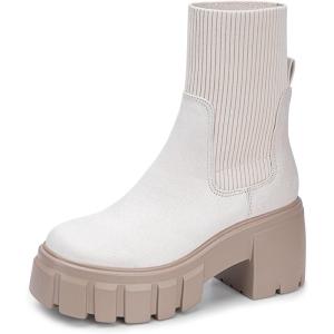 FITORY Womens Chelsea Boots, Elastic Ankle Booties with Chunky Mid Heel and Lug Sole, Comfy Trendy Slip on Shoes for Fall and Winter Size 6-11(Heightening-beige)