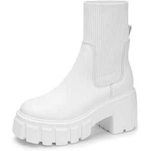 FITORY Womens Chelsea Boots, Elastic Ankle Booties with Chunky Mid Heel and Lug Sole, Comfy Trendy Slip on Shoes for Fall and Winter Size 6-11(Heightening-white)