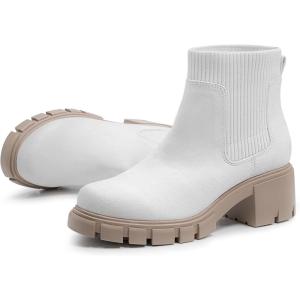 FITORY Womens Chelsea Boots, Elastic Ankle Booties with Chunky Mid Heel and Lug Sole, Comfy Trendy Slip on Shoes for Fall and Winter Size 6-11(Light Beige)
