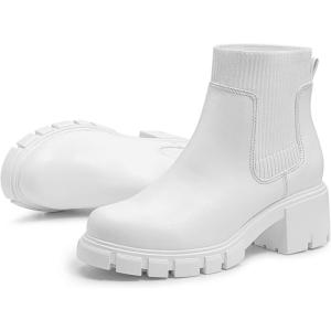FITORY Womens Chelsea Boots, Elastic Ankle Booties with Chunky Mid Heel and Lug Sole, Comfy Trendy Slip on Shoes for Fall and Winter Size 6-11(White)