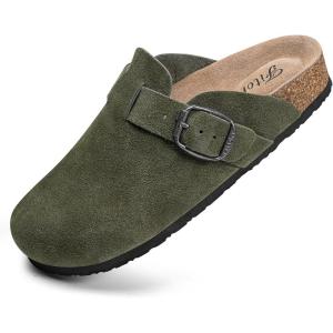 FITORY Womens Clogs Slip-on Potato Shoes Leather Mules with Suede Cork Footbed Size 6-11(Green)
