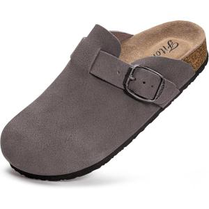 FITORY Womens Clogs Slip-on Potato Shoes Leather Mules with Suede Cork Footbed Size 6-11(Grey)
