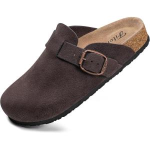 FITORY Womens Clogs Slip-on Potato Shoes Leather Mules with Suede Cork Footbed Size 6-11(Mocha)